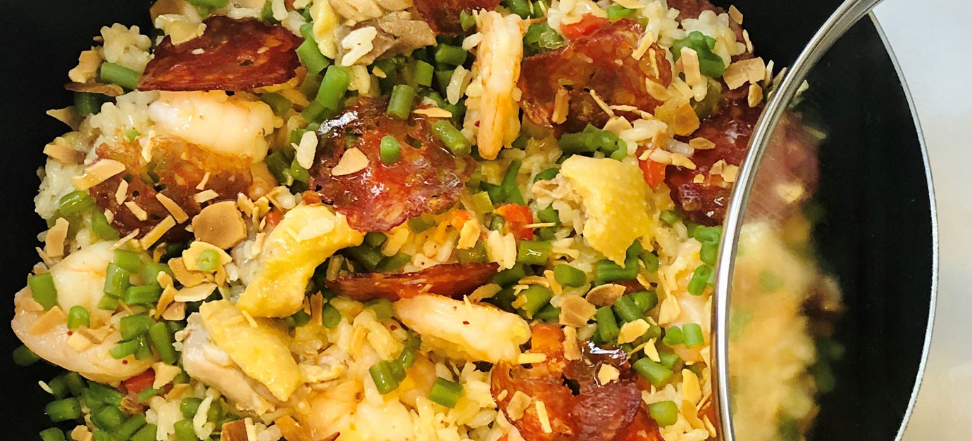 SITRAM recipe for rice with shrimp, chorizo, chicken, and spicy roasted almonds
