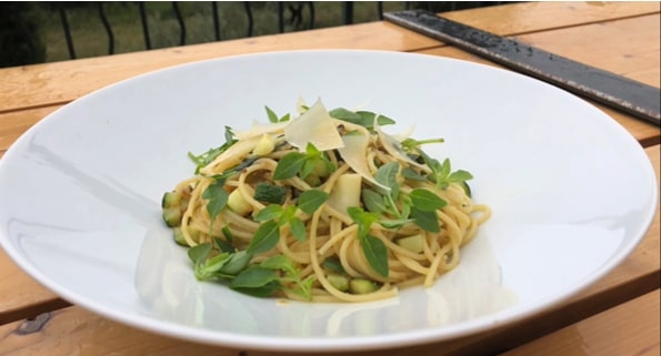 SITRAM recipe for spaghetti with basil, zucchini, and Parmesan cheese