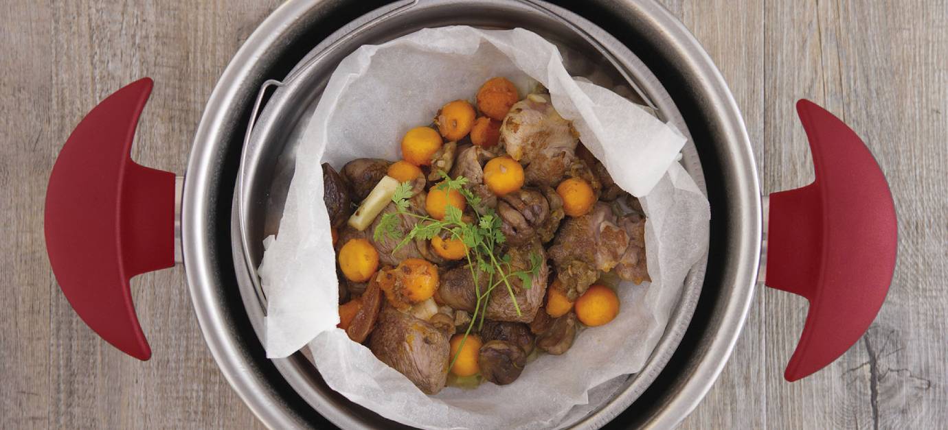 SITRAM recipe for lamb, chestnuts, and red kuri squash cooked in parchment paper