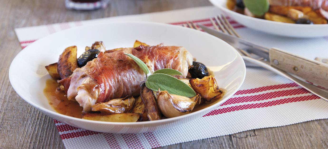 SITRAM recipe for saddle of rabbit with speck, potatoes, and olives