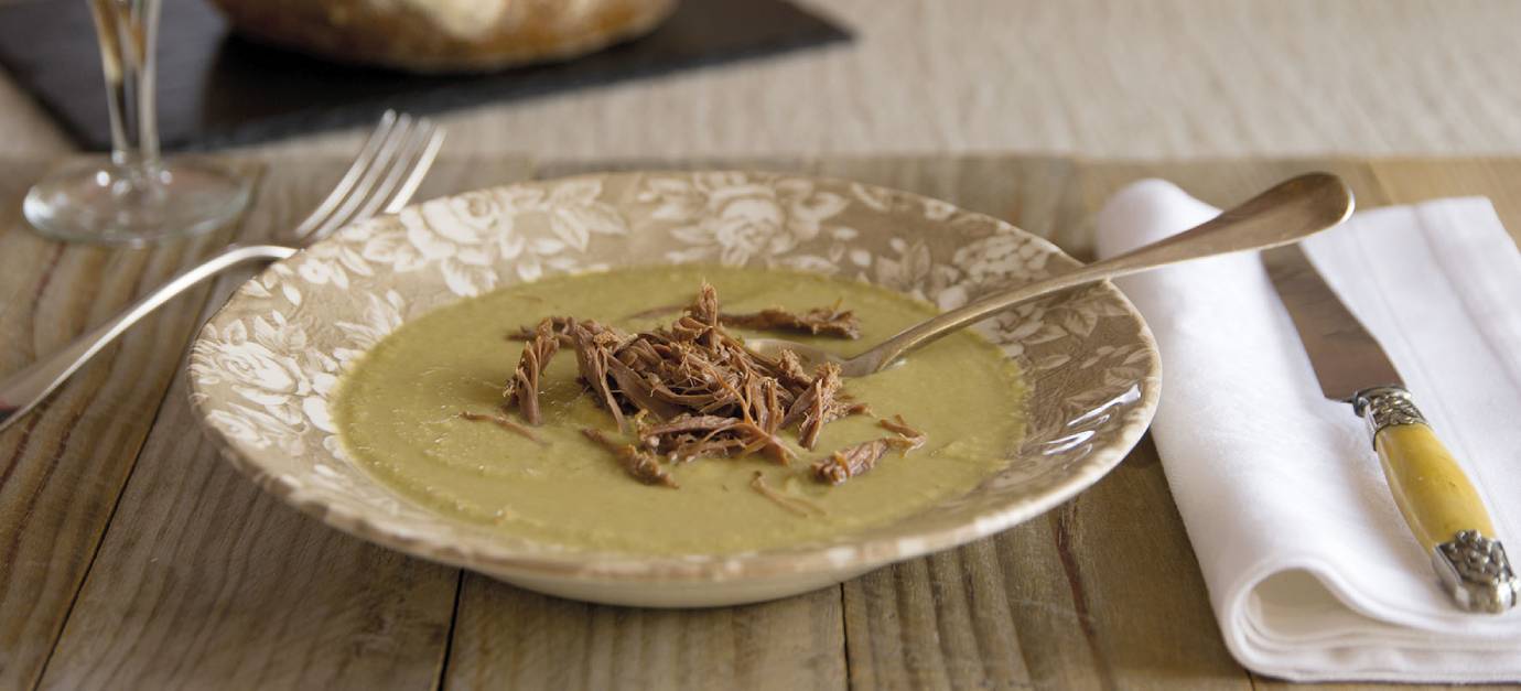 SITRAM recipe for creamy kale soup with shredded duck confit