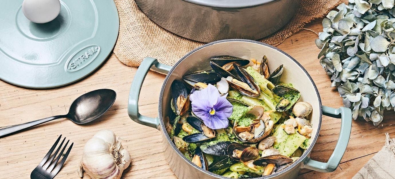 SITRAM recipe for pasta with shellfish and radish leaf pesto