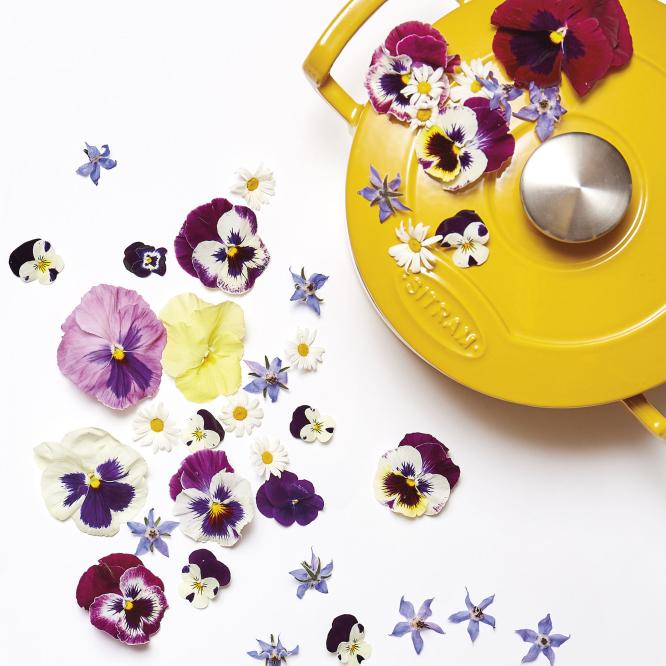 Cocotte jaune et fleurs de printemps
